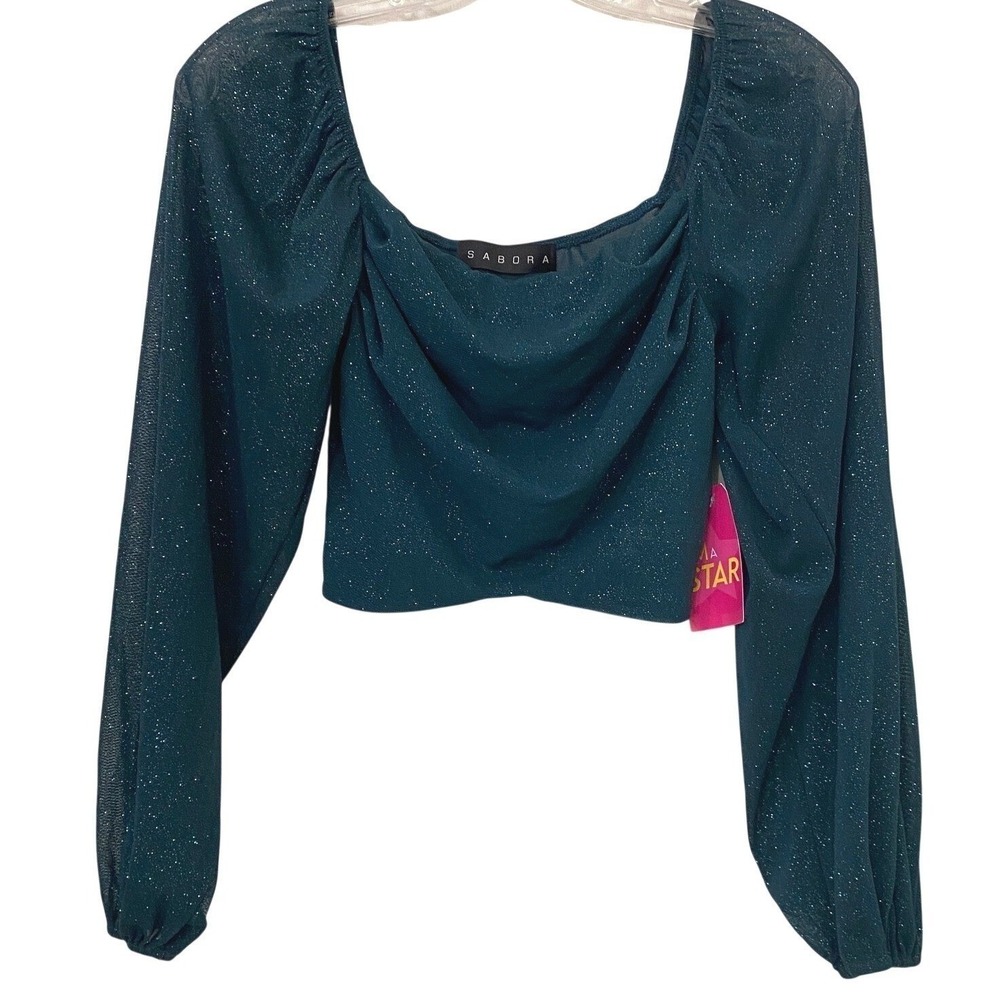 Fairygrunge Mesh Emerald Sheer Sparkle Ruched‎ Long Sleeve Crop Top Size S